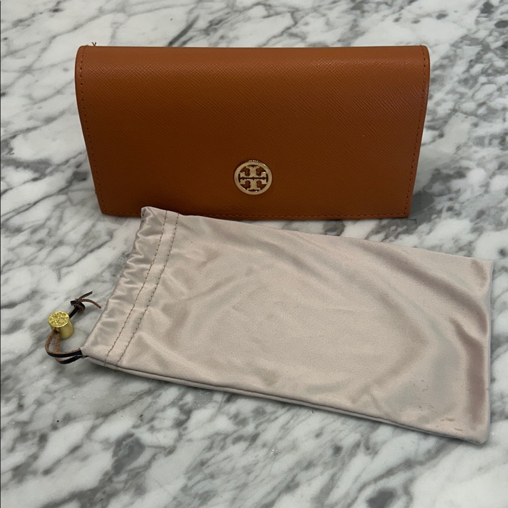 Tory Burch Cinnamon Brown Sunglass Case with Slip & Logo